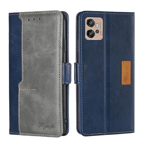 Caja de Teléfono de Cuero para Motorola Moto G32 4G con Hebilla Lateral (Azul + Gris)