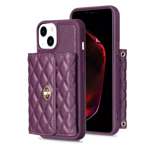 Caja de Teléfono de Cuero Rómbica para iPhone 14 Billetera con Hebilla de Metal Horizontal (Púrpura Oscuro)