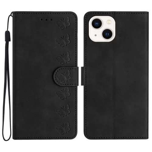 Caja de Teléfono de Cuero Seven Butterflies para iPhone 14 En Relieve (Negro)