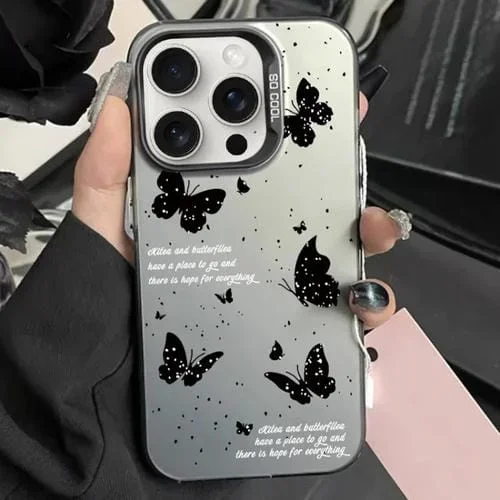 Caja de Teléfono Híbrida para iPhone 13 Pro Max TPU para PC Pintura Plateada (Mariposa de Tinta Negra)