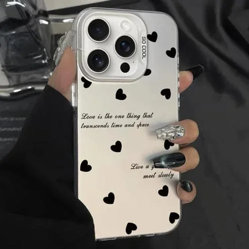 Caja de Teléfono Híbrida para iPhone 15 Pro Max TPU y PC con Pintura Plateada (Corazones de Amor Blancos)