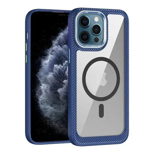 Caja de Teléfono para iPhone 11 Pro Max Magsafe con Panel Posterior Transparente de Fibra de Carbono (Azul)