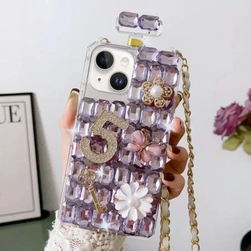 Caja de teléfono para iPhone 14 Plus Botella de Perfume Cruzada PC con diamantes (Púrpura)