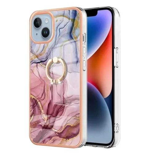 Caja de teléfono para iPhone 15 Plus Imd doble cara Mármol galvanizado con anillo (Rose Red)