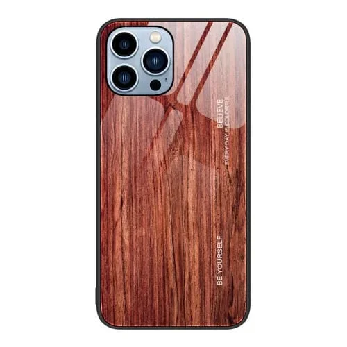 Caja de Teléfono para iPhone 15 Pro Vidrio Grano de Madera (Café)