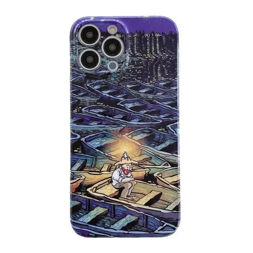 Caja de teléfono PC para iPhone 11 Pro Max Patrón Pintura al Óleo Brillante (Barquero Solitario)
