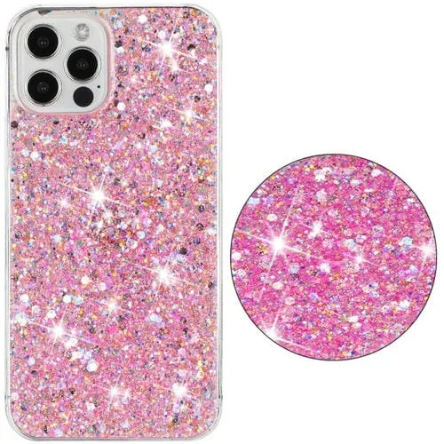 Caja de teléfono TPU para iPhone 11 Pro Max con polvo de brillo y marco Transparente (Rosa)