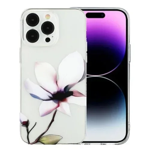 Caja de teléfono TPU para iPhone 14 Pro Max con patrón de pintura colorida (Flores Blancas)
