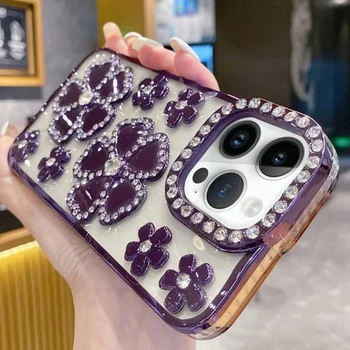 Caja de teléfono TPU para iPhone 15 Pro con diamantes y flores galvanoplastia (Púrpura)