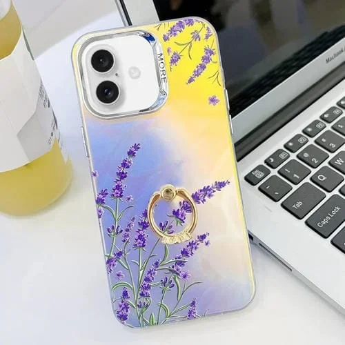 Caja de teléfono TPU para iPhone 16 con soporte de anillo y flor láser de galvanoplastia (Lavanda)