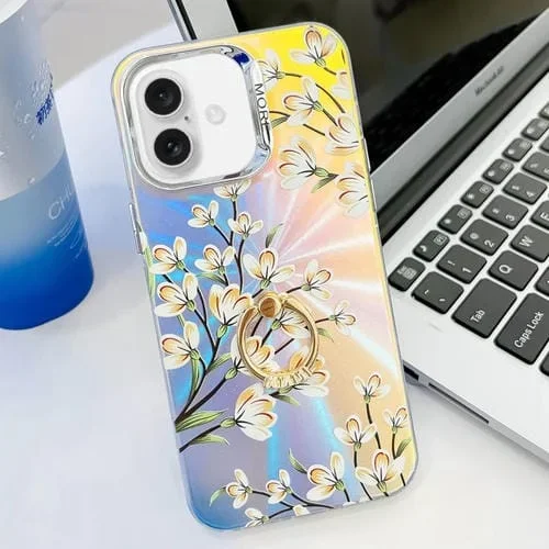 Caja de teléfono TPU para iPhone 16 Plus con soporte de anillo y flor láser de galvanoplastia (Pear Blossom Ah17)