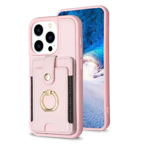Caja del Teléfono Anillo de Metal Tarjeta Bolsa para iPhone 13 Pro Max (Rosa)