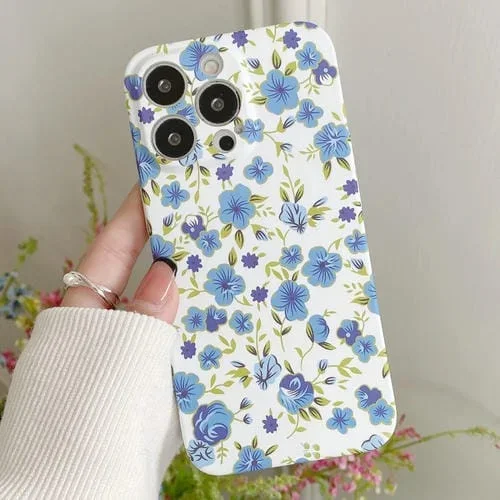 Caja del teléfono PC para iPhone 11 Etiqueta de Agua Patrón de Flores (Blanco Azul)