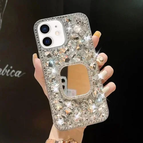 Caja del Teléfono PC para iPhone 12 Mini con Diamantes de Imitación Brillantes y Espejo (Cuadrado Gris Plateado)