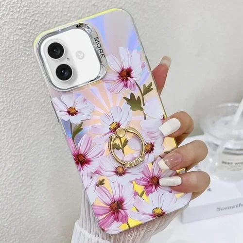 Caja del Teléfono TPU para iPhone 16 Plus con Soporte de Anillo y Flor Láser (Cosmos Flower Ah7)
