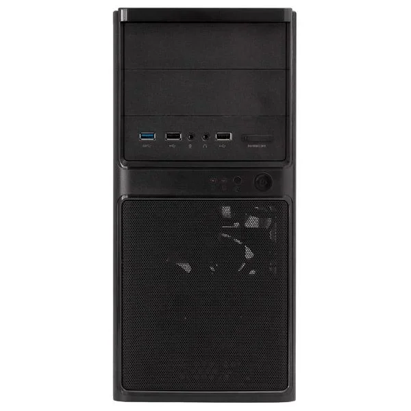 Caja micro atx unyka matx uk 6012 color negro regilla frontal con ventilador 12mm incluye fuente de alimentacion 500w con eficiencia energetica 85%