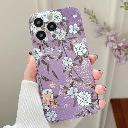 Caja para iPhone 12 Mini PC Patrón de Flores Etiqueta de Agua (Fondo Púrpura Flor Blanca)