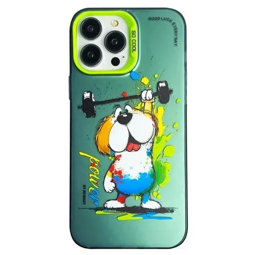 Caja para iPhone 12 Pro Max Doble Capa Serie Animal Pintura al Óleo (Plata) Perro de Levantamiento de Pesas