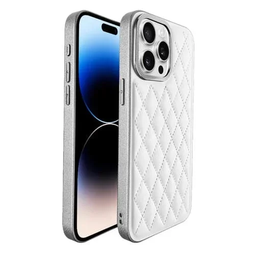Caja para Teléfono iPhone 14 Pro Plaid Series 9D Galvanizada (Titanio Plateado)
