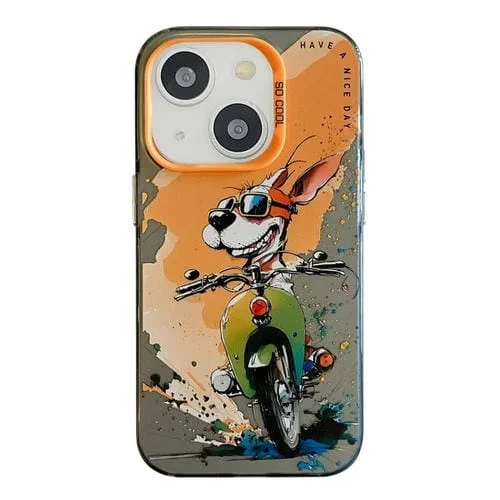 Caja para Teléfono iPhone 15 Plus Serie Pintura al Óleo Patrón Animales PC + TPU (Perro de Bicicleta)