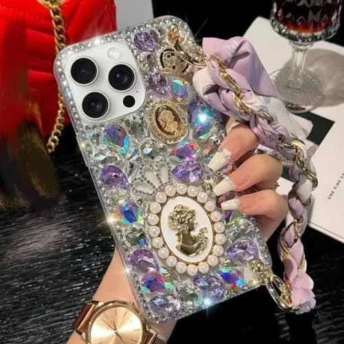 Caja teléfono iPhone 13 Pro Max PC pulsera bufanda piedra preciosa púrpura diamante hecho a mano (Blanco)