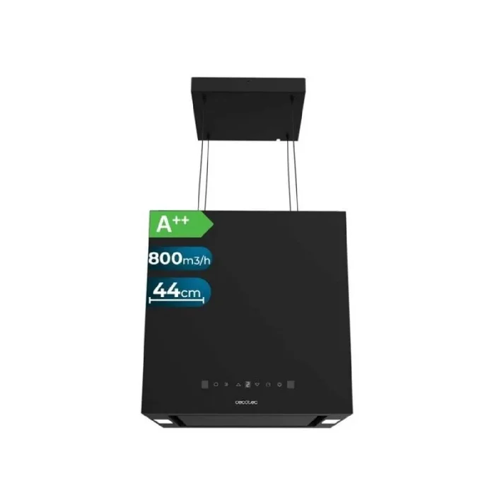 Campana colgante cuadrada bolero flux cct 448000 black a++ de 44cm de ancho, acabado negro, succión 800m3/h, motor 210w, clase a++, control táctil, 3 niveles de potencia, booster, luz.