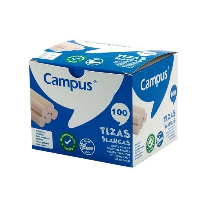 Campus – Tizas Blancas para Pizarra – Pack 100 tizas color Blanco, Fórmula libre de Polvo, Perfectas para Clase, pintar en el Suelo para Niños y Profesores (Pack 100 unidades)
