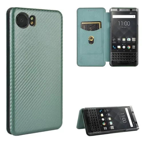 Carcasa para Blackberry Keyone Cuero con Fibra de Carbono Magnética Tapa Horizontal TPU + PC + PU Ranura Tarjeta (Verde)