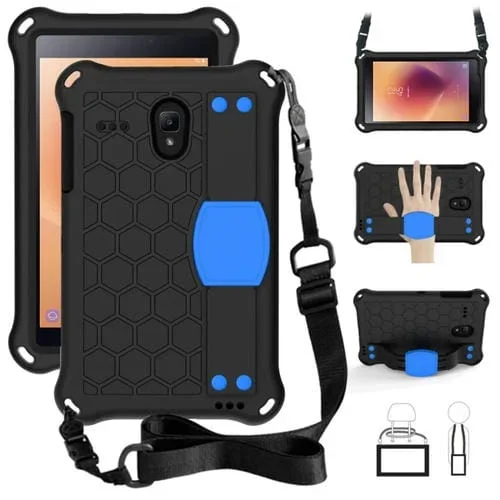 Carcasa Protectora para Galaxytab A 8.0 T380 (2017) con Diseño Panal Eva + Pc Anticaída Cuatro Esquinas con Correas (Negro + Azul)