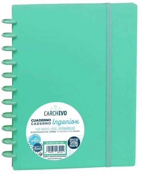 Carchivo cuaderno ingeniox intense espiral a4 100h 100gr cuadrícula 5×5 tapas pp semi-rígido cierre c/goma verde