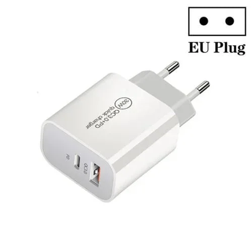 Cargador de puerto dual USB PD30W USB-C Type-C + QC3.0 (Enchufe de la UE)