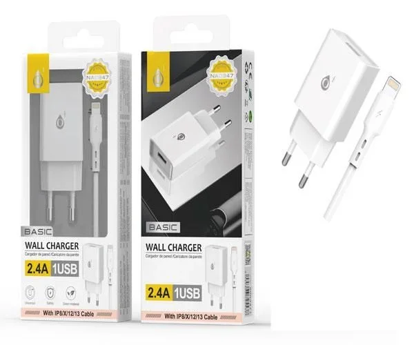 Cargador de red usb + cable lightning iphone 8-14 / 12w / blanco / na0347 / one+
