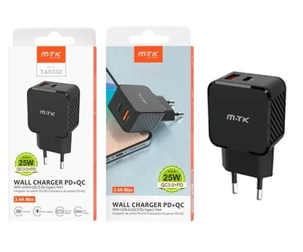 Cargador de red usb + type-c / 25w / negro / ta0332 / mtk