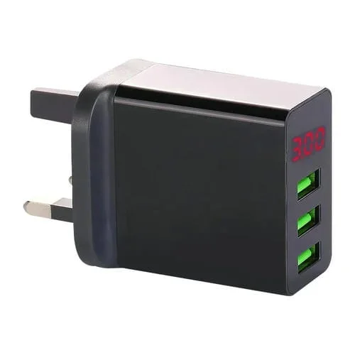 Cargador de Viaje 3 Puertos USB con Pantalla Digital y LED Enchufe Reino Unido (Negro)