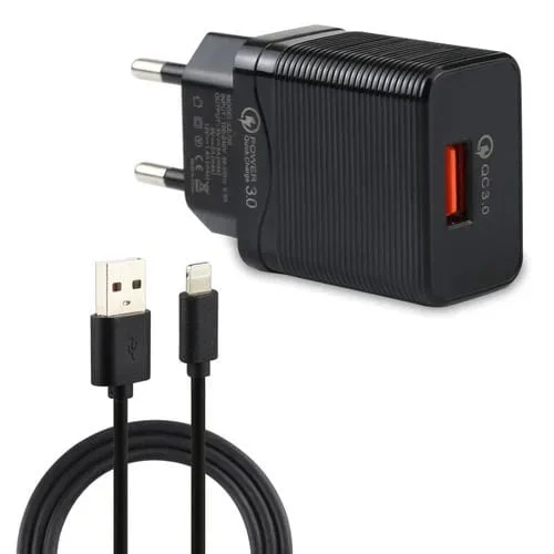 Cargador de viaje Lz-728 2 en 1 18W QC 3.0 con USB y cables USB a 8 pines (Negro)
