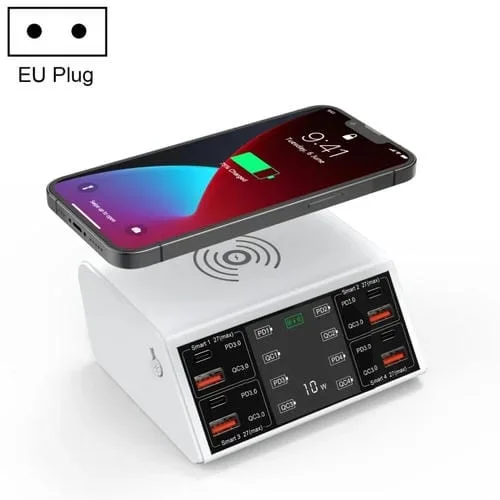 Cargador inalámbrico 838W 9 en 1 100W 4 PD 3.0 USB-C Tipo-C + 4 QC 3.0 Puertos USB Smart Digital Display Ee Plug (Blanco)