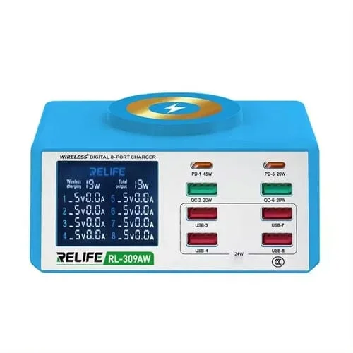 Cargador inalámbrico Relife RL-309AW QC3.0 PD con pantalla LCD 8 puertos (Enchufe estadounidense)