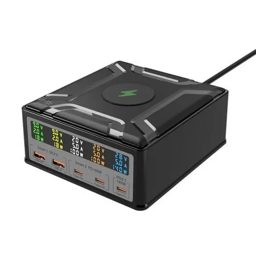 Cargador Multipuertos USB Tipo C 868D 6 en 1 260W Compatible Carga Inalámbrica Qi (Enchufe Estadounidense)
