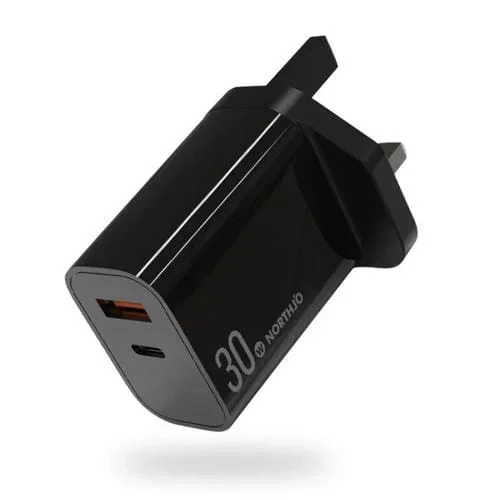 Cargador rápido de pared Northjo Nopd3002 doble puerto USB-C PD 30 W + QC3.0 (Negro)