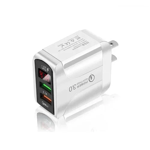 Cargador Rápido F002C QC3.0 USB + USB 2.0 con Pantalla Digital LED (Blanco) Enchufe EE. UU.