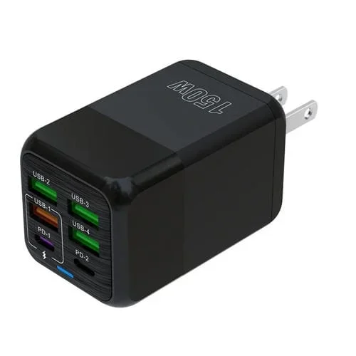 Cargador Rápido Multipuerto 150 W 4 USB + 2 USB-C Enchufe EE. UU. (Negro)