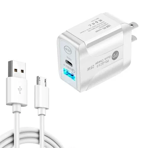 Cargador Rápido Pd25W Usb-C + QC3.0 Puertos Dobles con Cable Usb a Micro Usb (Blanco)