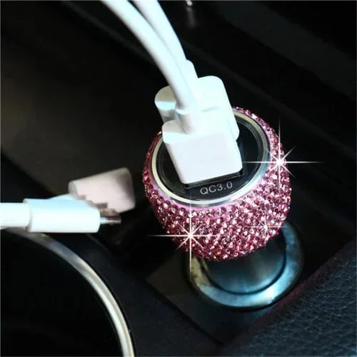 Cargador Rápido Usb Dual Qc3.0 De Aleación De Aluminio Con Diamante Para Automóvil (Rosa)