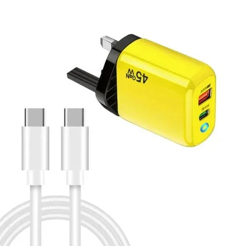 Cargador TE-PD45 GaN 45 W PD3.0/Tipo C + USB 3.0 con cable de datos tipo C a tipo C, enchufe británico (amarillo)