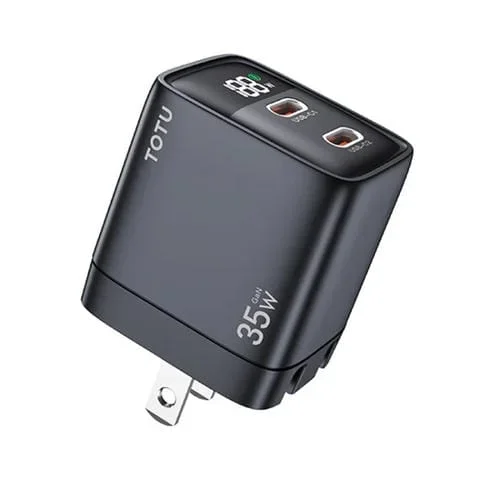 Cargador Totu 35W Gan Dual Usb-C Type-C con Pantalla Digital (Negro) Enchufe EE. UU.