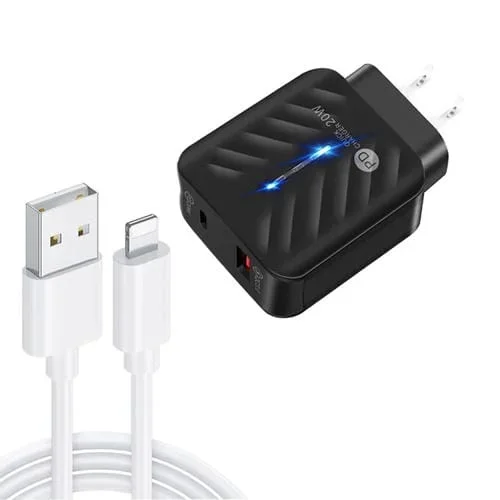 Cargador USB Pd03 20W PD3.0 + QC3.0 con Cable de Datos USB a 8 Pin (Negro)