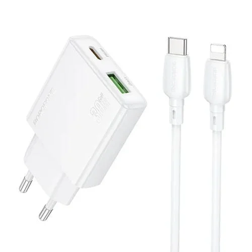 Cargador USB Tipo C Hoco BN25 PD 30W con Juego de Cables Tipo C a 8 Pines 1 m (Blanco) (UE)