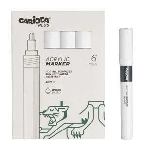 CARIOCA Plus Marcador acrílico a base de agua 2 mm – Juego de 6 rotuladores para todas las superficies – Punta Media – Resistente al sol y al agua (blanco)