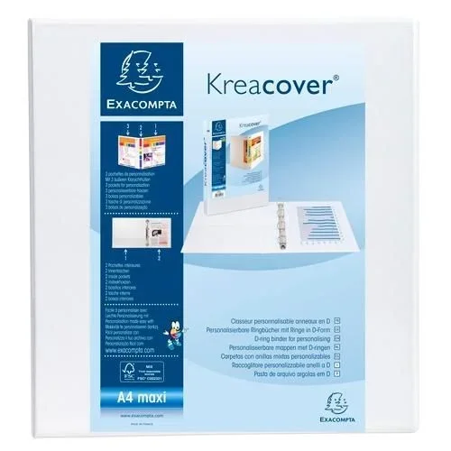 Carpeta kreacover Maxi, 4 anillas en D, 60 mm, PP, 3 caras personalizables, negra blanco – Lote de 10