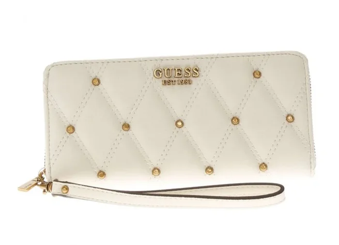 Cartera de piel sintética con cremallera Guess, modelo SWQS8553460, billetera textil elegante para mujer, gran tamaño, color marfil, diseño moderno y funcional